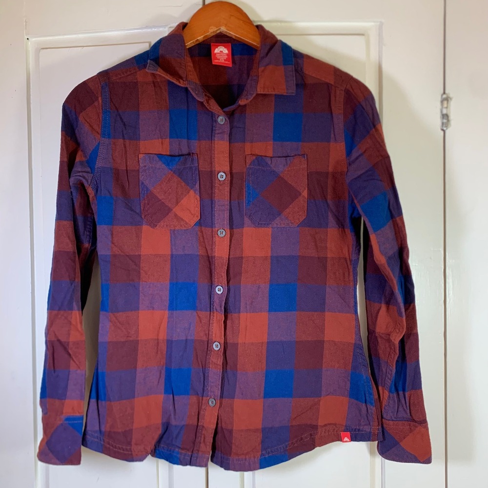 Eastern Mountain Sports EMS Womens XS Cotton Flannel Shirt Plaid Burgundy Blue